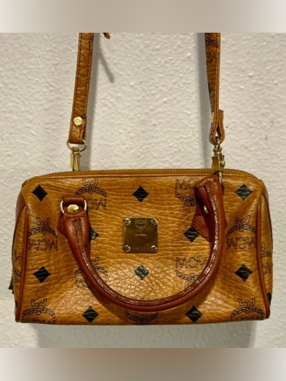 MCM Mini Boston Bag Cognac 
Visetos Leather Tan Monogram Logo Print Nano Vintage
